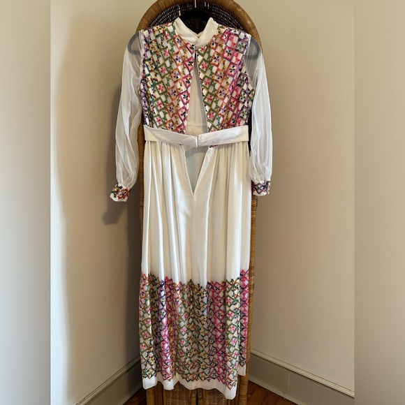 Vintage Embroidered Maxi Dress Sandine Originals Boho Hippie 1960s - Picture 5 of 6